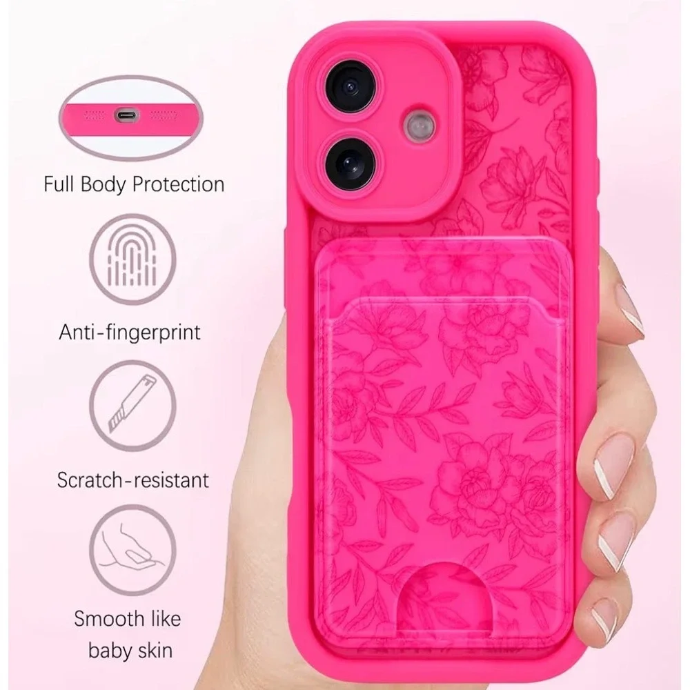 MZELQ iPhone‎ 16 Case Hot Pink Floral Embossed Wallet Card Holder TPU Cover 6.1